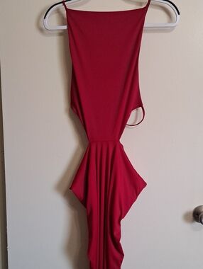 Red Maxi Dress Backless with Sexy Strap Detail By Mew Mews